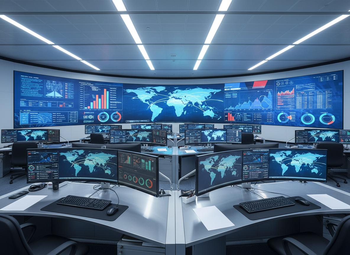 A wide, panoramic photographic view of a modern global trading control room, dominated by a large curved screen wall showing stylized world maps, abstract shipping routes, and color-coded graphs with no readable text. Sleek workstations with dual monitors, polished metal surfaces, and tidy paperwork sit in the foreground, suggesting coordination between manufacturers, suppliers, and customers. Cool, even LED ceiling lighting creates a crisp, professional atmosphere with soft reflections on glass and brushed aluminum. Shot from a slightly elevated angle with sharp focus throughout, the composition emphasizes order, scale, and international connectivity. The mood is efficient and trustworthy, with a clean, contemporary corporate aesthetic suitable for a professional general trading company homepage hero image.