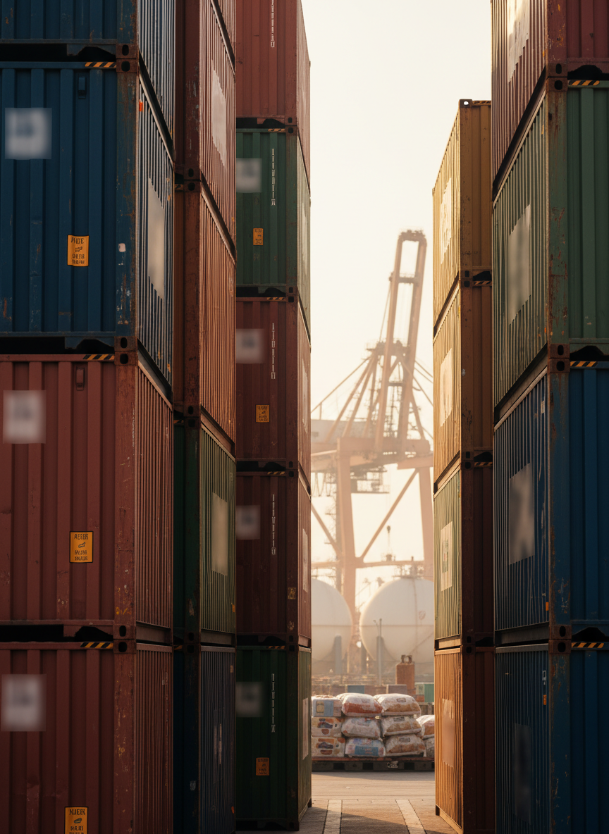 A realistic photographic close-up of stacked shipping containers in vibrant but tasteful colors, arranged like a geometric mosaic at a busy port. Subtle labels and markings are abstract and unreadable, avoiding specific brands or text. Between the container stacks, glimpses of cranes and industrial machinery appear in soft focus, hinting at heavy equipment, FMCG cargo, and petrochemical storage. Warm late-afternoon sunlight casts long shadows and a golden glow on the metal surfaces, accentuating ridges, bolts, and weathered textures. Captured from a low-angle perspective looking slightly upward, the composition feels bold and dynamic, emphasizing scale, reliability, and global reach. The overall mood is confident and industrious, perfect for illustrating robust international trade and logistics capabilities.