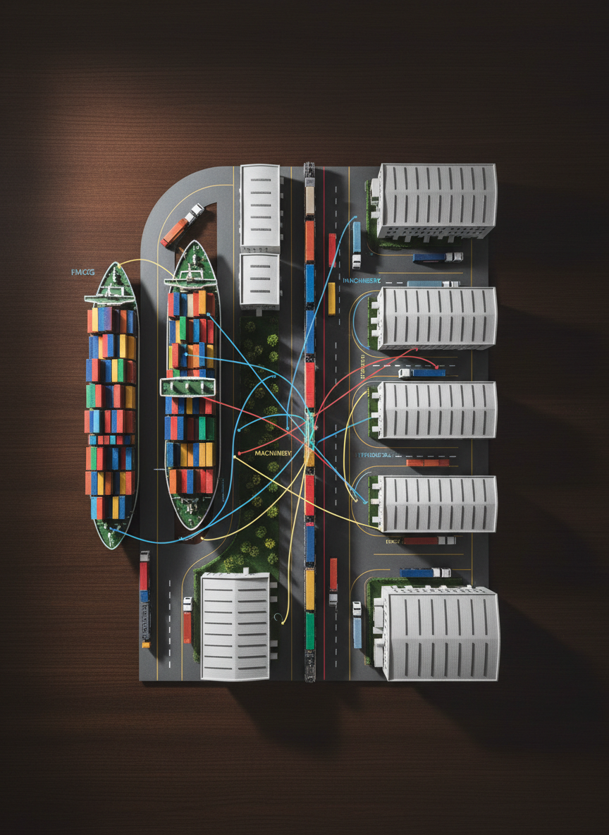 A high-resolution overhead photographic scene of a multi-modal logistics hub model on a dark wooden tabletop, featuring detailed miniature cargo ships, container trucks, freight trains, and warehouse buildings. Colorful containers are neatly stacked, while thin glowing lines subtly trace imaginary trade routes between them, hinting at FMCG, machinery, and petrochemical flows. Soft, directional studio lighting from one side creates gentle shadows and emphasizes textures of painted metal and plastic. The composition uses a balanced, top-down perspective with clear negative space around the edges, conveying clarity, planning, and control. The mood is strategic and forward-looking, visually representing how a general trading company orchestrates complex supply chains worldwide without showing any people or text.