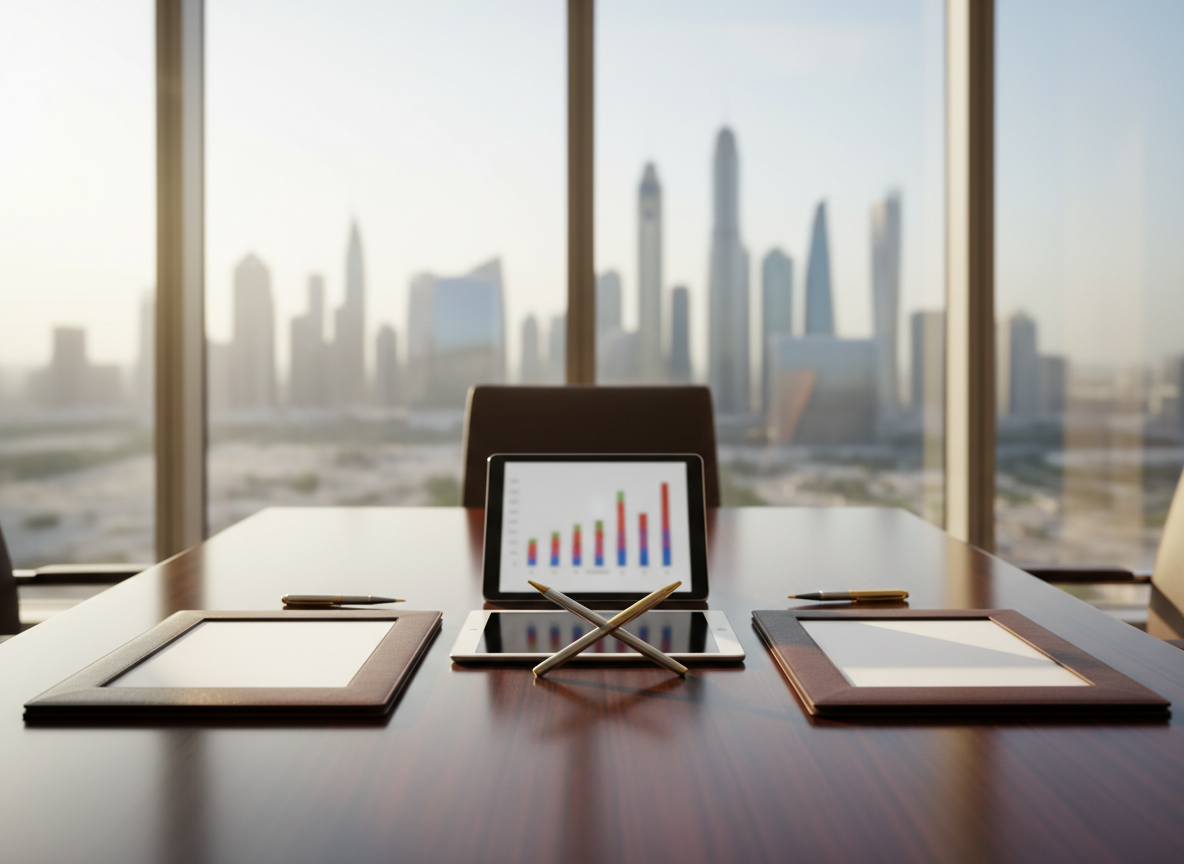 A realistic photographic scene of a polished conference table made of dark wood, positioned in a high-rise meeting room overlooking an abstracted Dubai skyline through floor-to-ceiling windows. On the table, open folders with blank documents, a digital tablet showing a blurred chart, and two metallic pens are arranged symmetrically, symbolizing business partnerships and negotiations without showing people. Soft, natural afternoon light floods the room, creating gentle reflections on the table and glass surfaces. Captured from a low, side angle, the focus is on the tabletop details while the city view remains slightly out of focus. The mood is professional, discreet, and trustworthy, conveying high-level global trading agreements and long-term supplier relationships.