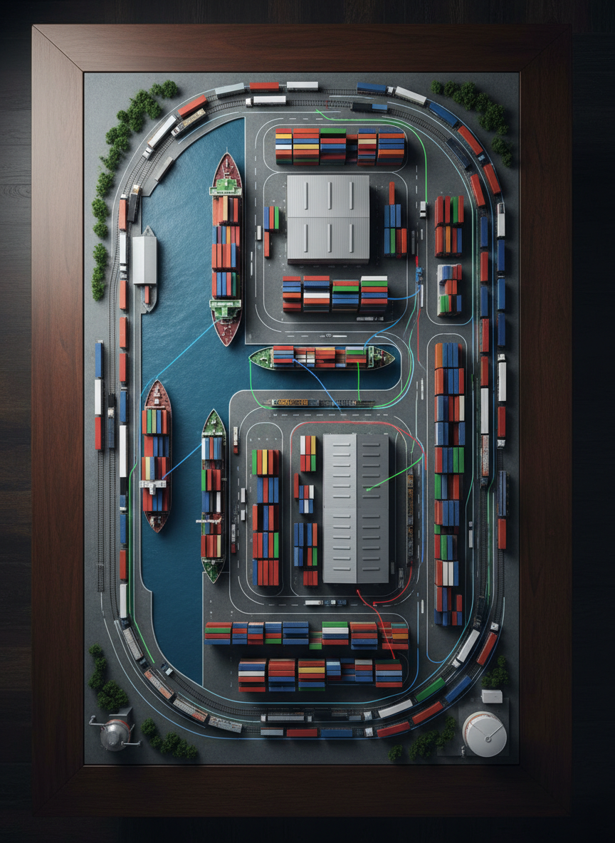 A high-resolution overhead photographic scene of a multi-modal logistics hub model on a dark wooden tabletop, featuring detailed miniature cargo ships, container trucks, freight trains, and warehouse buildings. Colorful containers are neatly stacked, while thin glowing lines subtly trace imaginary trade routes between them, hinting at FMCG, machinery, and petrochemical flows. Soft, directional studio lighting from one side creates gentle shadows and emphasizes textures of painted metal and plastic. The composition uses a balanced, top-down perspective with clear negative space around the edges, conveying clarity, planning, and control. The mood is strategic and forward-looking, visually representing how a general trading company orchestrates complex supply chains worldwide without showing any people or text.