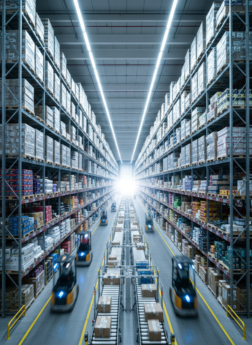 An expansive, photographic interior view of a modern automated warehouse, with tall, perfectly aligned racks holding neatly wrapped pallets of diverse products, from boxed consumer goods to industrial components. Autonomous forklifts and conveyor systems move in blurred motion, suggesting efficiency without showing operators. Cool white overhead lighting illuminates the space evenly, highlighting metallic structures, barcode-like patterns, and clean concrete floors. Shot from eye level down a central aisle, the composition uses strong leading lines that draw the viewer toward a bright vanishing point, symbolizing growth and opportunity. The atmosphere is precise, orderly, and technologically advanced, reinforcing the professionalism of a global general trading and distribution company that manages warehousing for multiple industries.