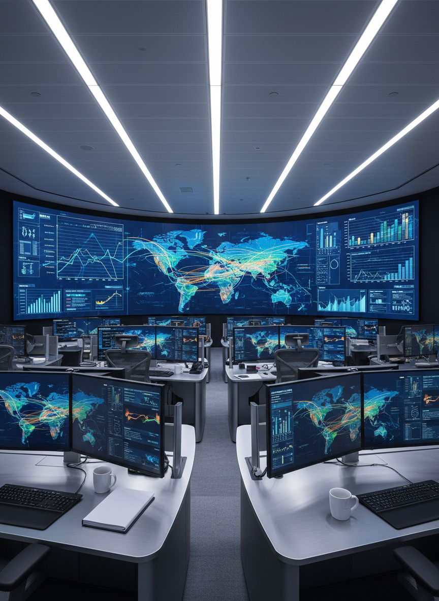 A wide, panoramic photographic view of a modern global trading control room, dominated by a large curved screen wall showing stylized world maps, abstract shipping routes, and color-coded graphs with no readable text. Sleek workstations with dual monitors, polished metal surfaces, and tidy paperwork sit in the foreground, suggesting coordination between manufacturers, suppliers, and customers. Cool, even LED ceiling lighting creates a crisp, professional atmosphere with soft reflections on glass and brushed aluminum. Shot from a slightly elevated angle with sharp focus throughout, the composition emphasizes order, scale, and international connectivity. The mood is efficient and trustworthy, with a clean, contemporary corporate aesthetic suitable for a professional general trading company homepage hero image.