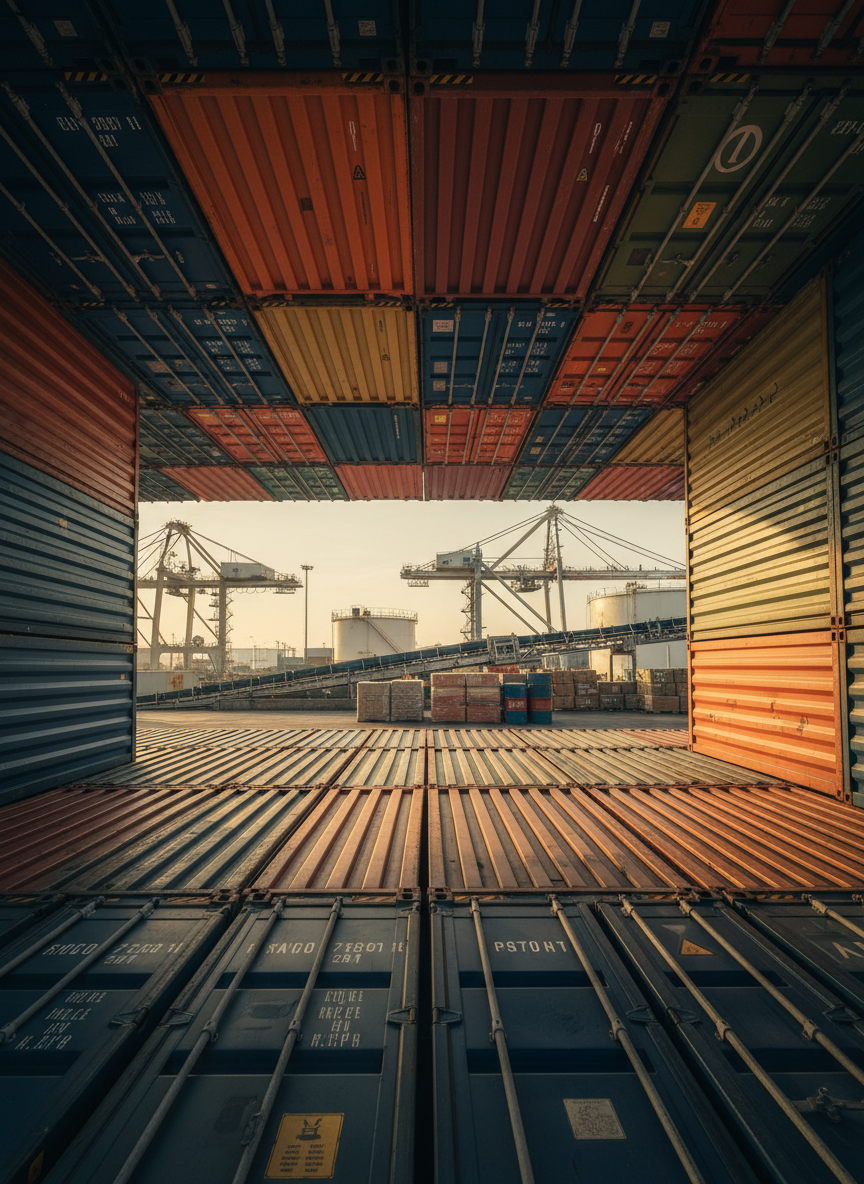 A realistic photographic close-up of stacked shipping containers in vibrant but tasteful colors, arranged like a geometric mosaic at a busy port. Subtle labels and markings are abstract and unreadable, avoiding specific brands or text. Between the container stacks, glimpses of cranes and industrial machinery appear in soft focus, hinting at heavy equipment, FMCG cargo, and petrochemical storage. Warm late-afternoon sunlight casts long shadows and a golden glow on the metal surfaces, accentuating ridges, bolts, and weathered textures. Captured from a low-angle perspective looking slightly upward, the composition feels bold and dynamic, emphasizing scale, reliability, and global reach. The overall mood is confident and industrious, perfect for illustrating robust international trade and logistics capabilities.