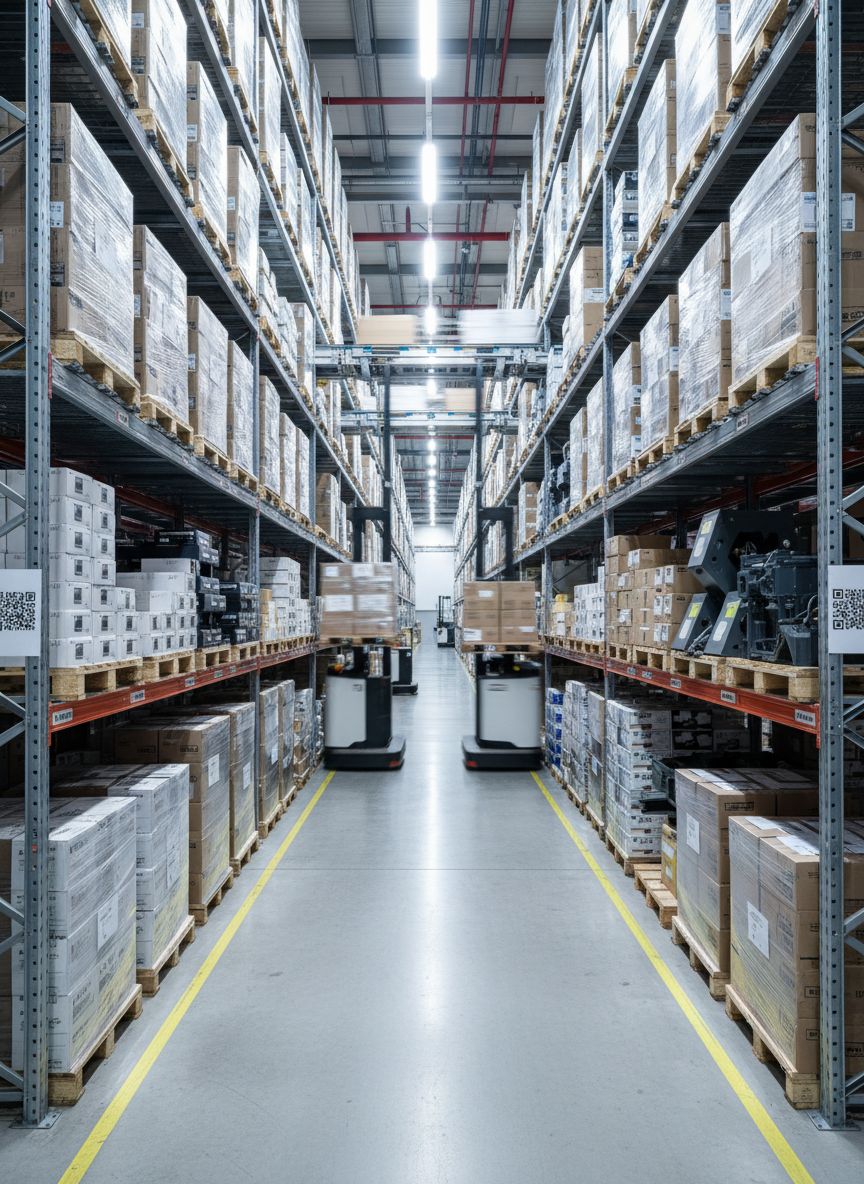 An expansive, photographic interior view of a modern automated warehouse, with tall, perfectly aligned racks holding neatly wrapped pallets of diverse products, from boxed consumer goods to industrial components. Autonomous forklifts and conveyor systems move in blurred motion, suggesting efficiency without showing operators. Cool white overhead lighting illuminates the space evenly, highlighting metallic structures, barcode-like patterns, and clean concrete floors. Shot from eye level down a central aisle, the composition uses strong leading lines that draw the viewer toward a bright vanishing point, symbolizing growth and opportunity. The atmosphere is precise, orderly, and technologically advanced, reinforcing the professionalism of a global general trading and distribution company that manages warehousing for multiple industries.
