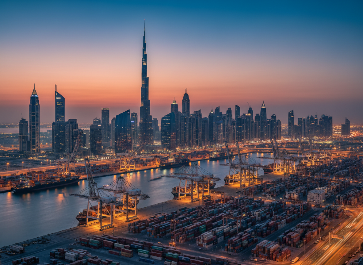 A dusk-time photographic cityscape of Dubai’s modern skyline, with iconic high-rise architecture and a busy port area in the foreground, filled with cargo ships, cranes, and container stacks. Gentle reflections ripple across the harbor water, mirroring both the illuminated towers and the industrial activity. The sky transitions from warm orange near the horizon to deep blue above, with building and harbor lights beginning to glow. Shot from a slightly elevated vantage point, the composition balances the city’s financial district with its logistics infrastructure, suggesting a strategic regional hub for global trade. The mood is aspirational and cosmopolitan, blending sophistication with real-world commerce, ideal for a professional trading company with strong Dubai and international connections.