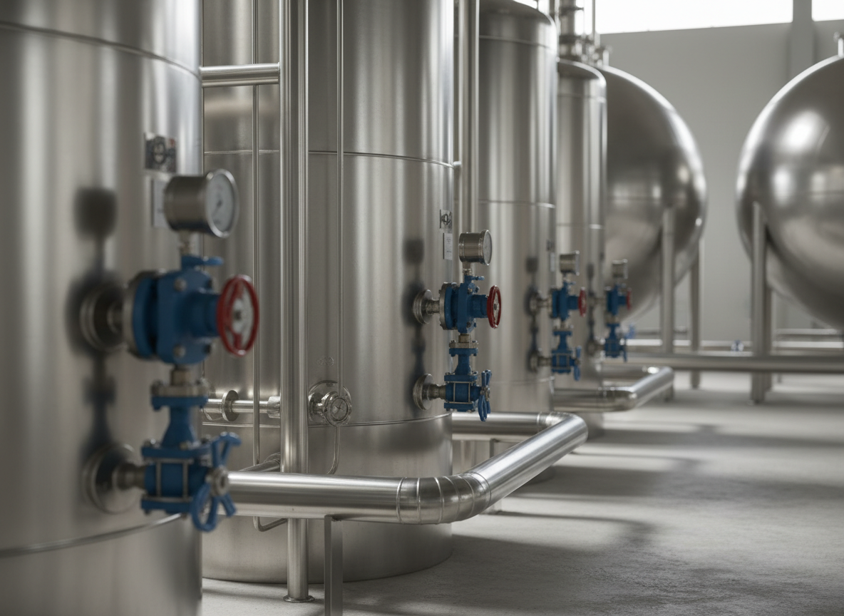 A close-up photographic composition of industrial stainless-steel tanks and pipelines in a petrochemical storage facility, with smooth cylindrical surfaces, secure valves, and color-coded but unreadable gauges. The metal gleams under bright, neutral overhead lighting, with subtle reflections and crisp shadows emphasizing engineering precision. In the softly blurred background, additional tanks and a hint of distant storage spheres suggest large-scale capacity. Shot from a mid-level angle with moderate depth of field, the image feels technical yet clean, highlighting safety, quality, and control in petrochemical trading operations. The mood is confident and meticulous, reinforcing a professional general trading company’s competence in handling sensitive industrial products without showing any personnel.